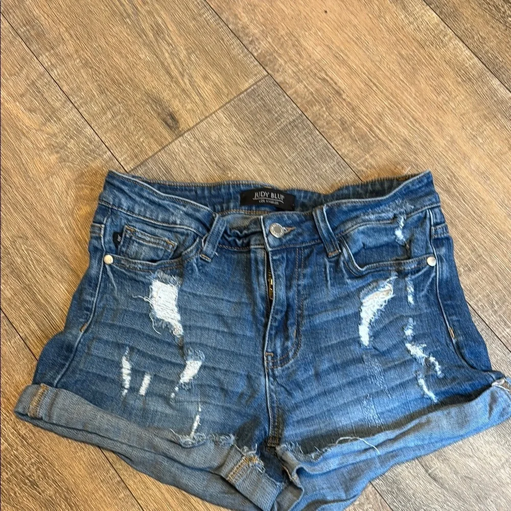 Judy Blue Distressed Blue Jean Shorts - Picture 1 of 8